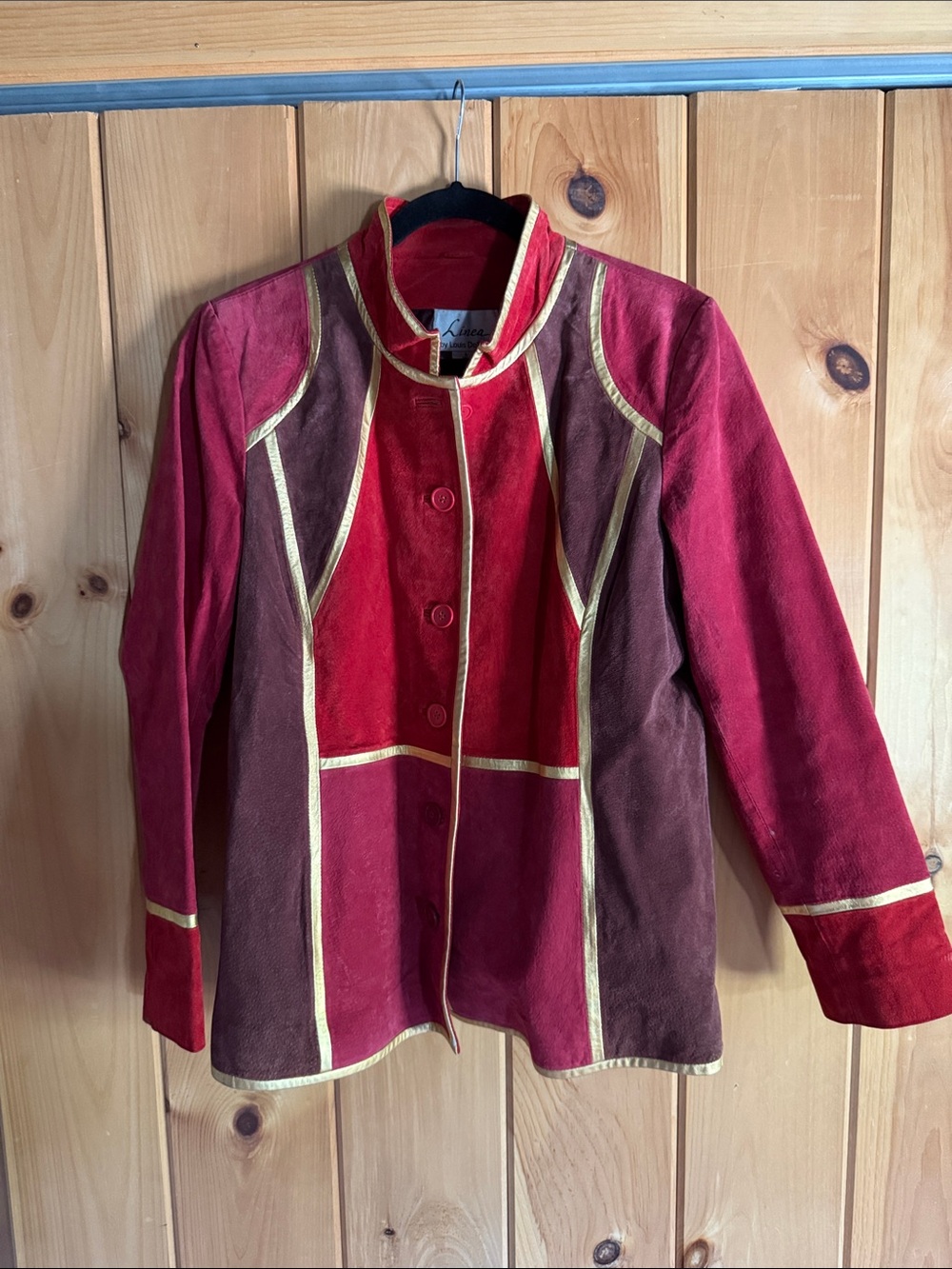 Linea by Louis Dell'Olio Red and Burgundy Suede Colorblock Jacket with Gold Trim